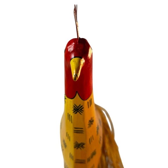 Handcrafted Wooden Yellow Decorative Rooster With Raffia Tail & Black Base Stand - Picture 7 of 10